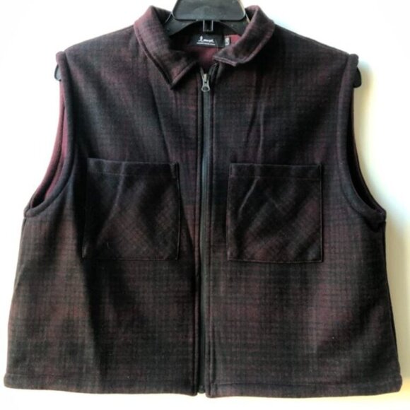 Sleeveless wool plaid coat in burgundy / Manteau veste sans-manche en laine - Picture 1 of 5